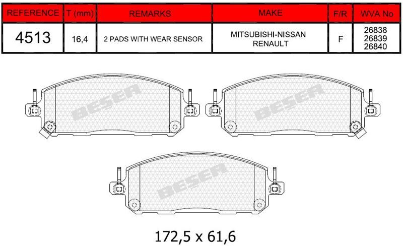 Disk Fren Balatası - Wva No: 26838/26839 - Mıtsubıshı – Nıssan – Renault - Ön | Beşer No: 4513