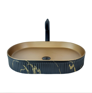 ÇANAK LAVABO - MARMO 58 CM SİYAH MAT GOLD TEZGAH ÜSTÜ BEYAZ