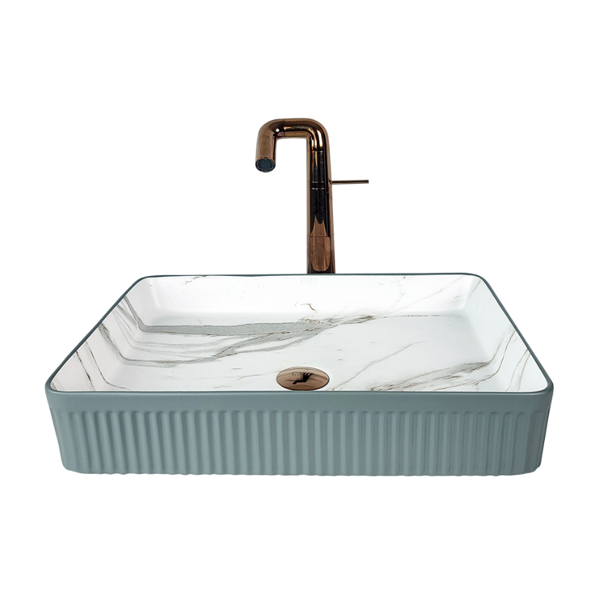 ÇANAK LAVABO - MARMO 50 CM MAT GRİ CALACATTA TEZGAH ÜSTÜ BEYAZ