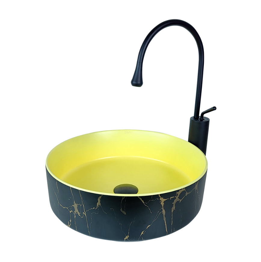 ÇANAK LAVABO - FARALYA 40 CM SİYAH SARI TEZGAH ÜSTÜ BEYAZ
