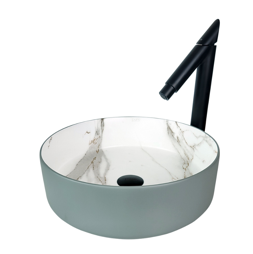 ÇANAK LAVABO - FARALYA 40 CM MAT GRİ CALACATTA TEZGAH ÜSTÜ BEYAZ