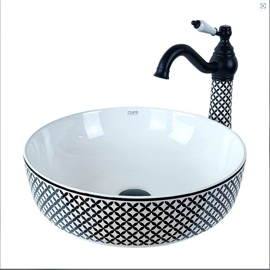 ÇANAK LAVABO - GEOMETRİK SİYAH BEYAZ TEZGAH ÜSTÜ BEYAZ