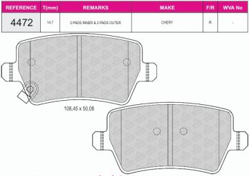 Disk Fren Balatası - Oem No: 8460017943 - Chery - Arka | Beşer No: 4472