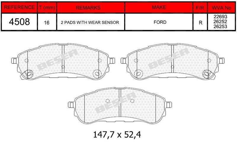 Disk Fren Balatası - Wva No: 22693/26252 - Ford - Arka | Beşer No: 4508