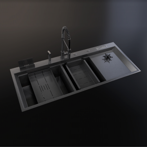PASLANMAZ ÇELİK EVİYE - SİYAH 120X50 ÇİFT GÖZ BARDAK YIKAMALI