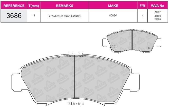 Disk Fren Balatası - Wva No: 21697/21698 - Honda - Ön | Beşer No: 3686