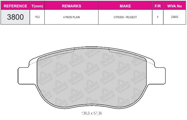 Disk Fren Balatası - Wva No: 20960/20961 - Peugeot - Ön | Beşer No: 3800