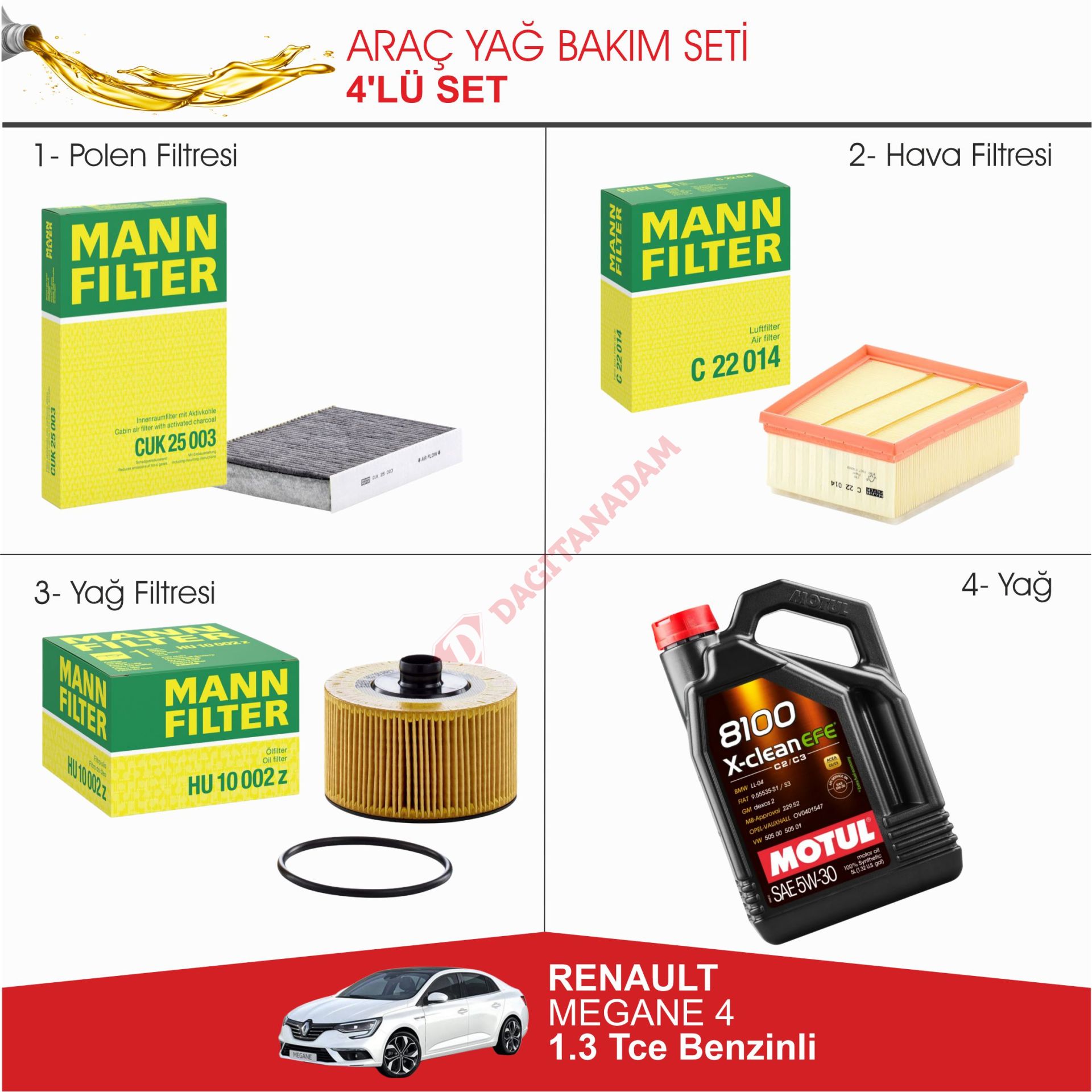 Renault Megane 4 - 1.3 TCe Benzinli Yağ Bakım Seti Motul - Castrol Mavi Antifiriz 3 Litre (+550 TL)