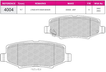 Disk Fren Balatası - Wva No: 24603/24602 - Dodge – Jeep - Arka | Beşer No: 4004