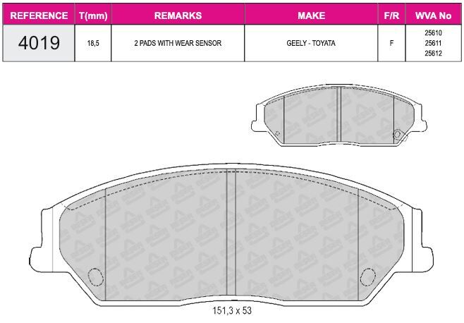 Disk Fren Balatası - Wva No: 25612/25610 - Toyota - Ön | Beşer No: 4019