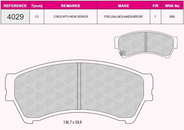 Disk Fren Balatası - Wva No: 24582/24629 - Mazda - Ön | Beşer No: 4029
