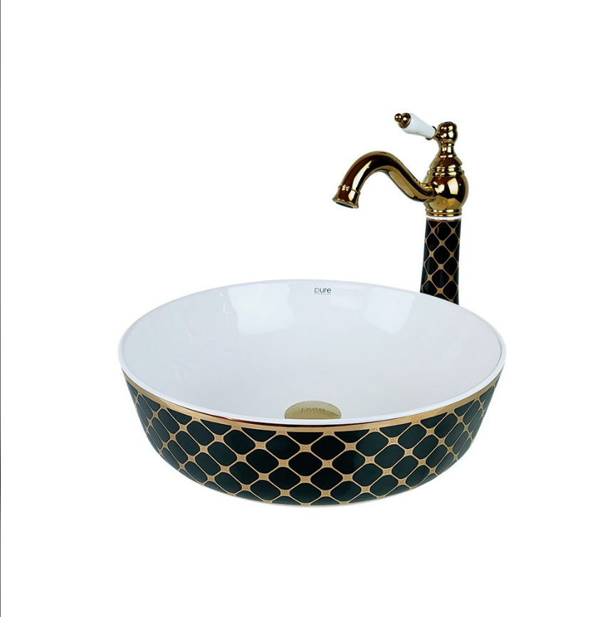 ÇANAK LAVABO - GEOMETRİK SİYAH ALTIN BEYAZ